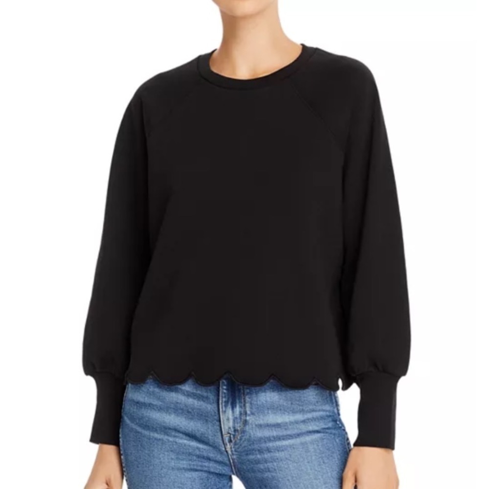 Frame Scalloped Hem Black Rib Knit Crewneck Sweatshirt Bishop Sleeves Small GUC